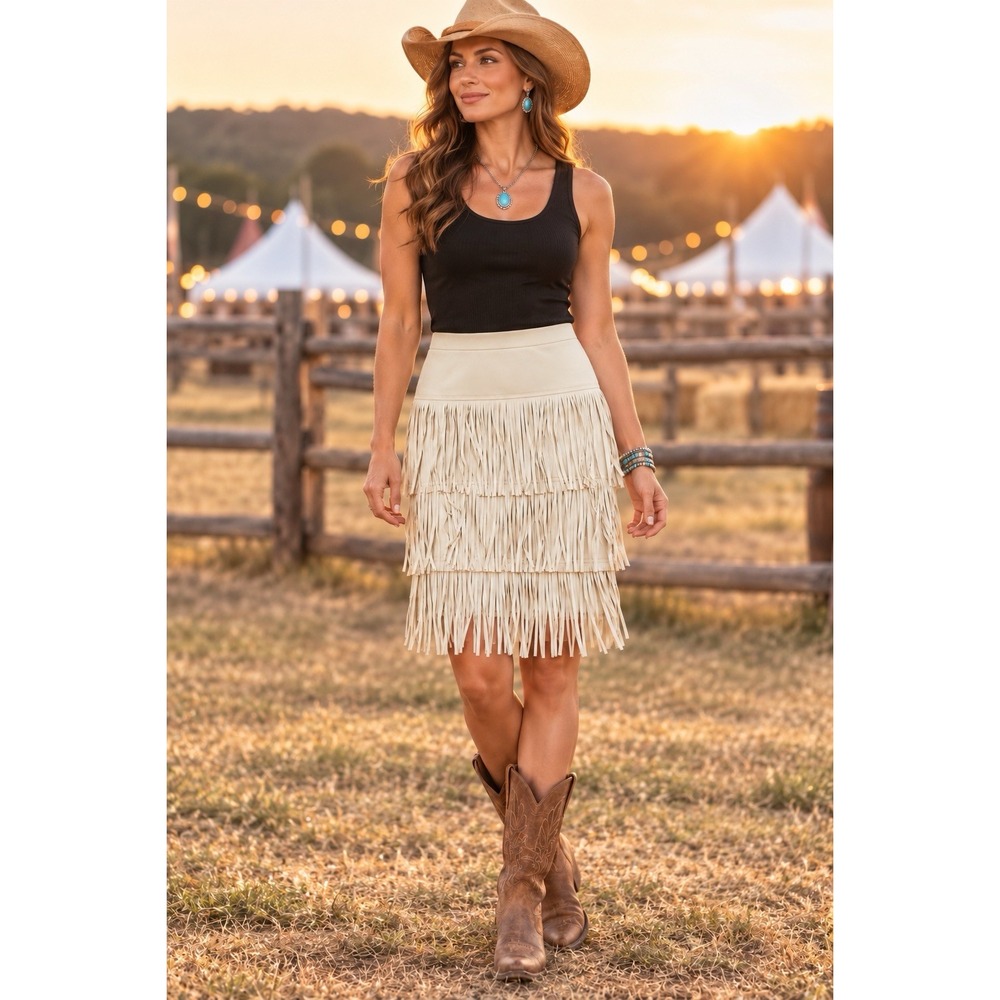 NWT CHICOS Sz 1 (8/M) Beige Stretch Fancy Fringe Tiered Skirt Western Festival